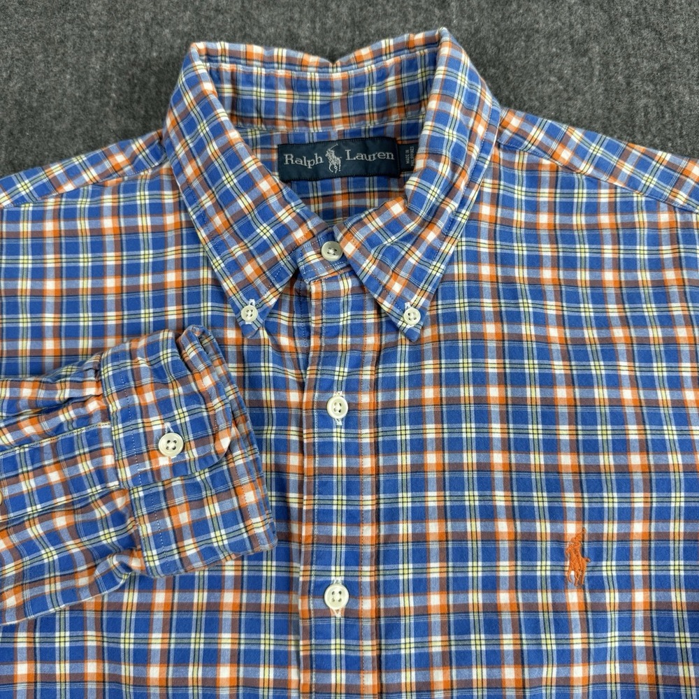 Ralph Lauren Men L Plaid Double Layer Lined Shirt Blue Orange Long Sleeve